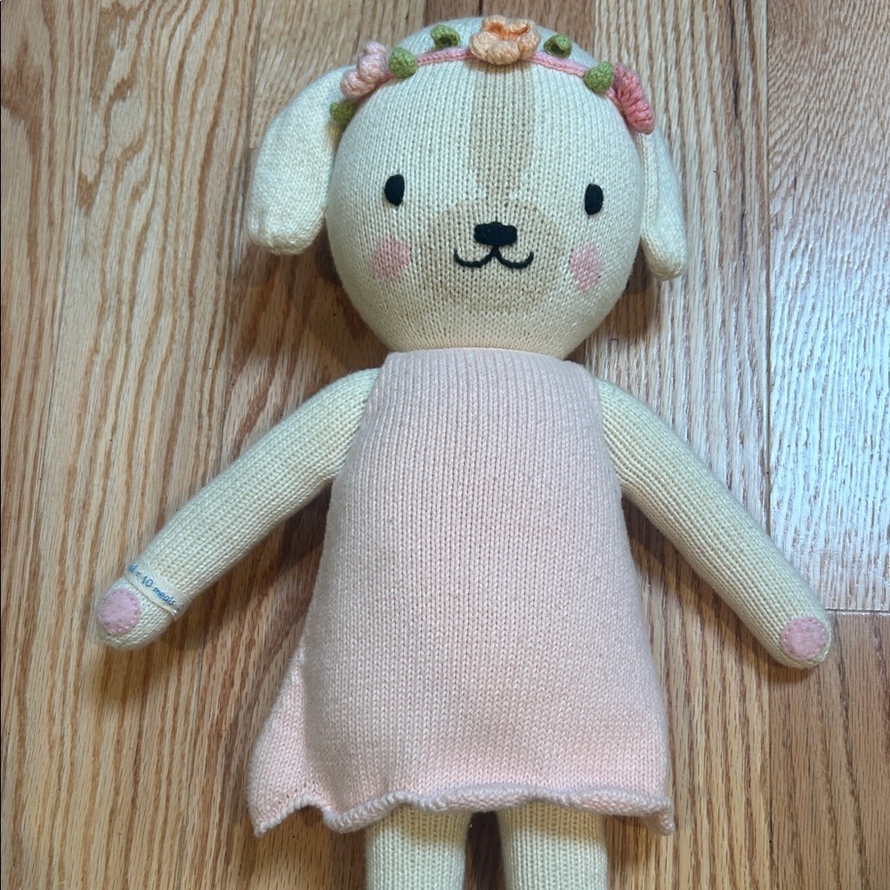 Charming Knit Dog Plush with Floral Headband